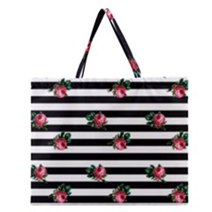 Black Stripes Roses Zipper Large Tote Bag