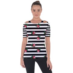 Black Stripes Roses Shoulder Cut Out Short Sleeve Top by snowwhitegirl