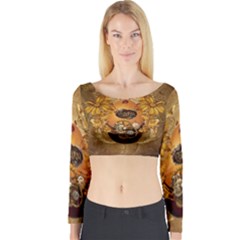 Awesome Steampunk Easter Egg With Flowers, Clocks And Gears Long Sleeve Crop Top by FantasyWorld7