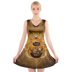 Awesome Steampunk Easter Egg With Flowers, Clocks And Gears V-neck Sleeveless Dress