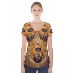 Awesome Steampunk Easter Egg With Flowers, Clocks And Gears Short Sleeve Front Detail Top by FantasyWorld7