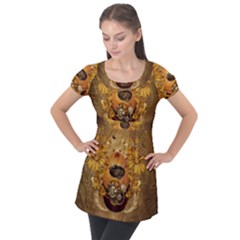 Awesome Steampunk Easter Egg With Flowers, Clocks And Gears Puff Sleeve Tunic Top