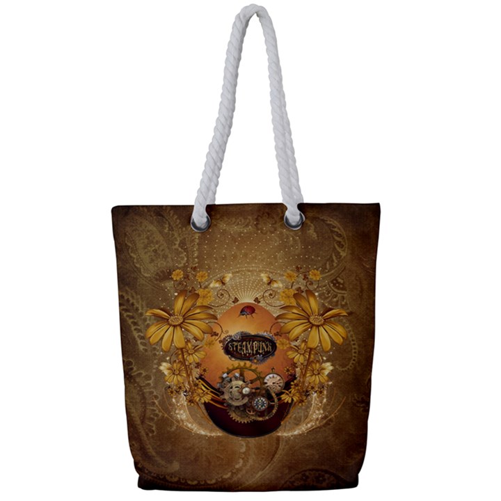 Awesome Steampunk Easter Egg With Flowers, Clocks And Gears Full Print Rope Handle Tote (Small)