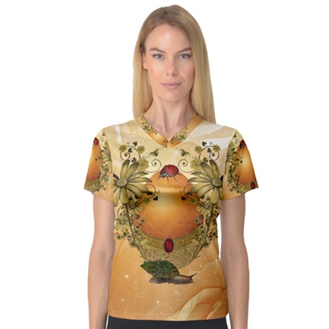 Wonderful Easter Egg With Flowers And Snail V-neck Sport Mesh Tee by FantasyWorld7