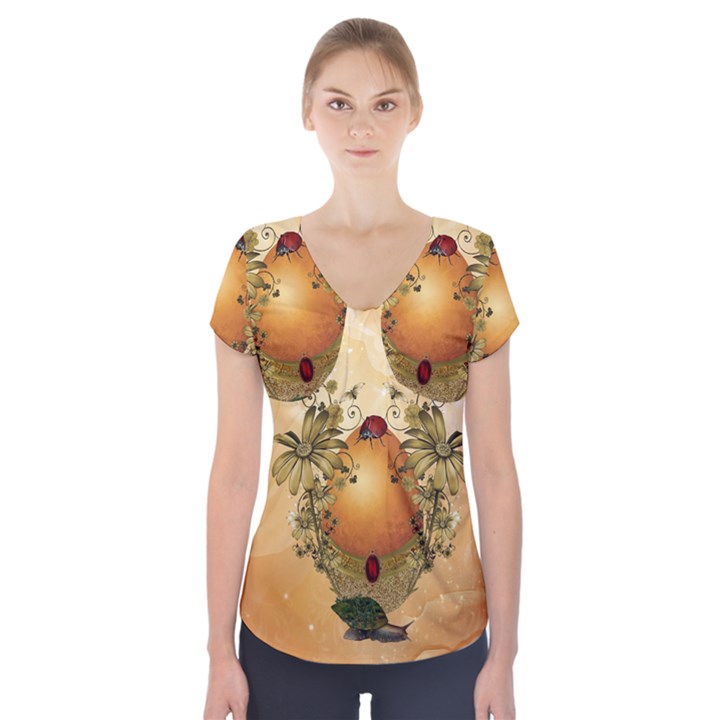 Wonderful Easter Egg With Flowers And Snail Short Sleeve Front Detail Top