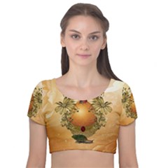 Wonderful Easter Egg With Flowers And Snail Velvet Short Sleeve Crop Top  by FantasyWorld7