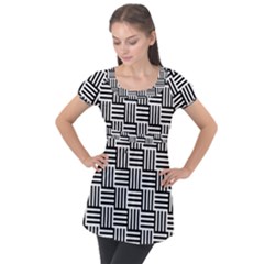 Black And White Basket Weave Puff Sleeve Tunic Top by retrotoomoderndesigns