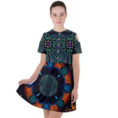 Ornament Fractal Pattern Background Short Sleeve Shoulder Cut Out Dress 