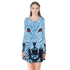 Animals Leopard Fractal Photoshop Long Sleeve V-neck Flare Dress