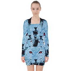 Animals Leopard Fractal Photoshop V-neck Bodycon Long Sleeve Dress by Pakrebo