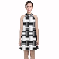 Black And White Basket Weave Velvet Halter Neckline Dress 