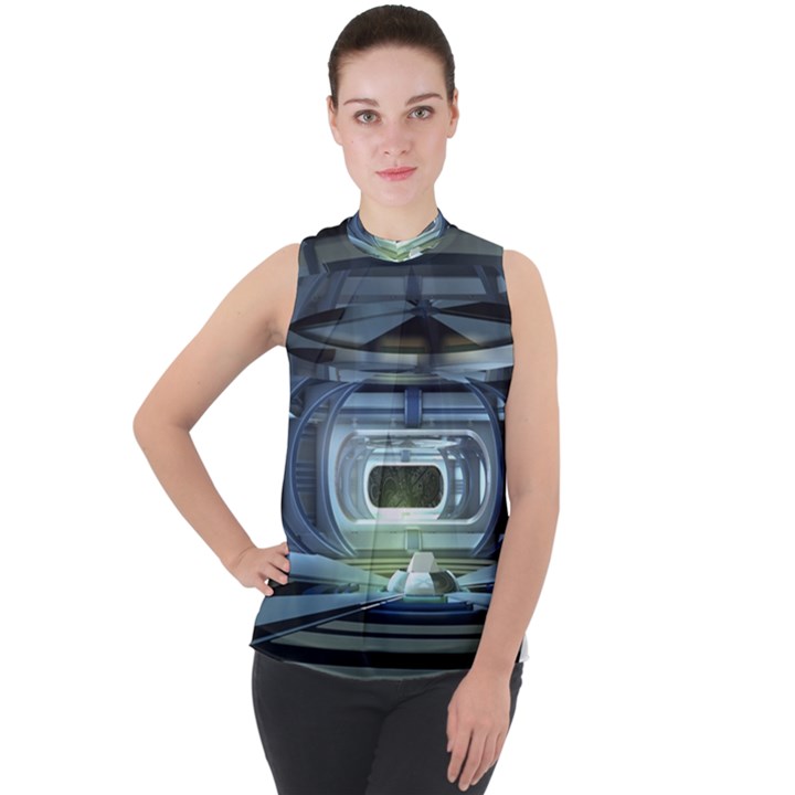 Spaceship Interior Stage Design Mock Neck Chiffon Sleeveless Top