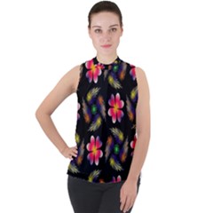 Pattern Flowers Wallpaper Mock Neck Chiffon Sleeveless Top by Pakrebo