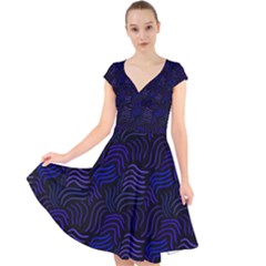 Blue & Black Waves Cap Sleeve Front Wrap Midi Dress Cap Sleeve Front Wrap Midi Dress