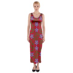 Red With Purple Flowers Fitted Maxi Dress