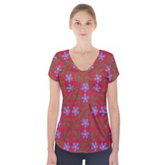 Red With Purple Flowers Short Sleeve Front Detail Top