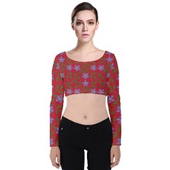 Red With Purple Flowers Velvet Long Sleeve Crop Top