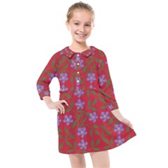 Red With Purple Flowers Kids  Quarter Sleeve Shirt Dress