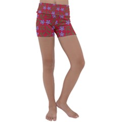 Red With Purple Flowers Kids  Lightweight Velour Yoga Shorts