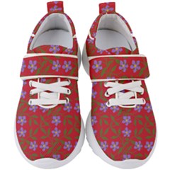 Red With Purple Flowers Kids  Velcro Strap Shoes