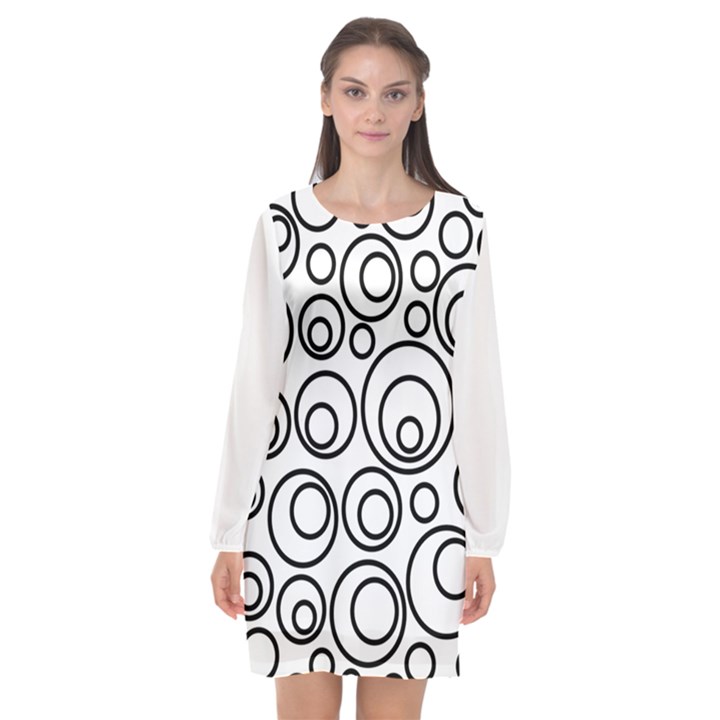 Abstract Black On White Circles Design Long Sleeve Chiffon Shift Dress 