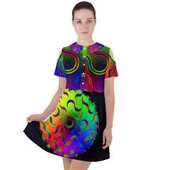 Ball Sphere Digital Art Fractals Short Sleeve Shoulder Cut Out Dress 