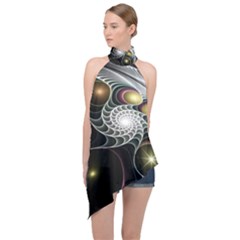 Fractal Bulbs Fantasy Curve Halter Asymmetric Satin Top by Pakrebo