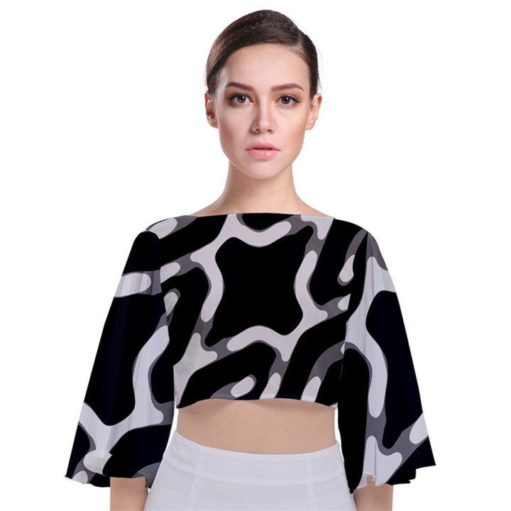 Giant Bold Dark Geometric Print Tie Back Butterfly Sleeve Chiffon Top