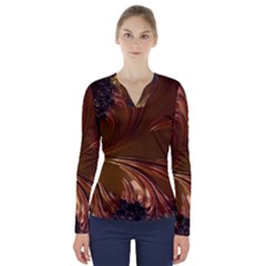 Fractal Copper Copper Color Leaf V-neck Long Sleeve Top by Pakrebo