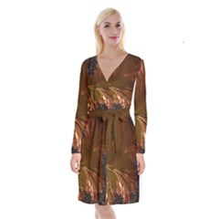 Fractal Copper Copper Color Leaf Long Sleeve Velvet Front Wrap Dress