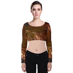 Fractal Copper Copper Color Leaf Velvet Long Sleeve Crop Top by Pakrebo