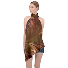 Fractal Copper Copper Color Leaf Halter Asymmetric Satin Top by Pakrebo