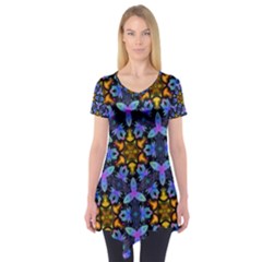 Blue Flowers Wallpaper Backgrounds Short Sleeve Tunic 