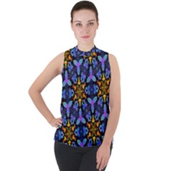 Blue Flowers Wallpaper Backgrounds Mock Neck Chiffon Sleeveless Top