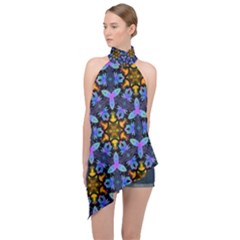 Blue Flowers Wallpaper Backgrounds Halter Asymmetric Satin Top