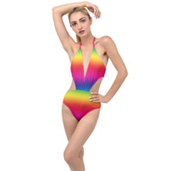 Neon Bright Rainbow Plunging Cut Out Swimsuit by retrotoomoderndesigns