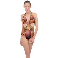 Wonderful Steampunk Easter Egg With Flowers Halter Front Plunge Swimsuit by FantasyWorld7