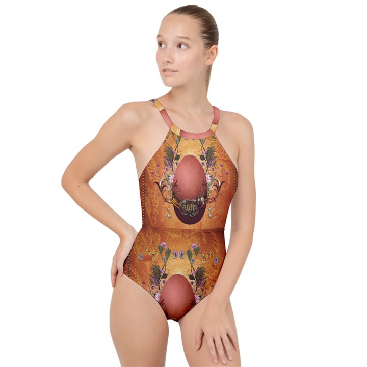 Wonderful Steampunk Easter Egg With Flowers High Neck One Piece Swimsuit