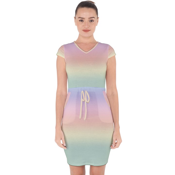 Balmy Pastel Seashore Capsleeve Drawstring Dress 