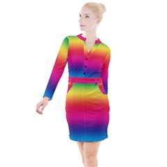 Neon Bright Rainbow Button Long Sleeve Dress