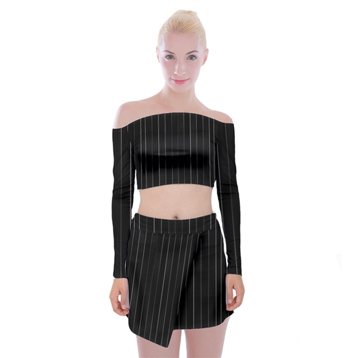 Dark Linear Abstract Print Off Shoulder Top with Mini Skirt Set