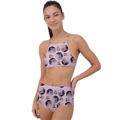 Vintage Girl With Flowers Pink High Waist Tankini Set