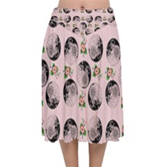 Vintage Girl With Flowers Pink Velvet Flared Midi Skirt