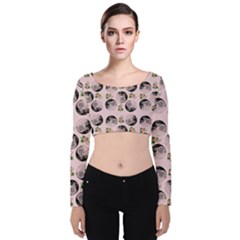 Vintage Girl With Flowers Pink Velvet Long Sleeve Crop Top