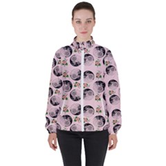 Vintage Girl With Flowers Pink High Neck Windbreaker (women)