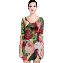 Tropical Bird Floral Long Sleeve Velvet Bodycon Dress by snowwhitegirl