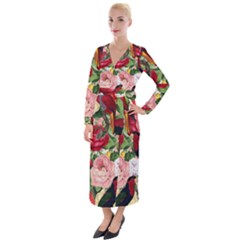 Tropical Bird Floral Velvet Maxi Wrap Dress