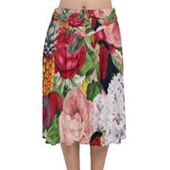 Tropical Bird Floral Velvet Flared Midi Skirt