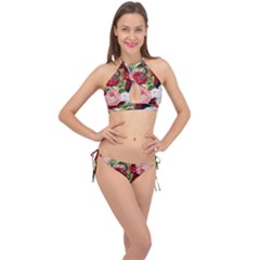 Tropical Bird Floral Cross Front Halter Bikini Set