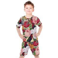 Tropical Bird Floral Kids  Tee And Shorts Set